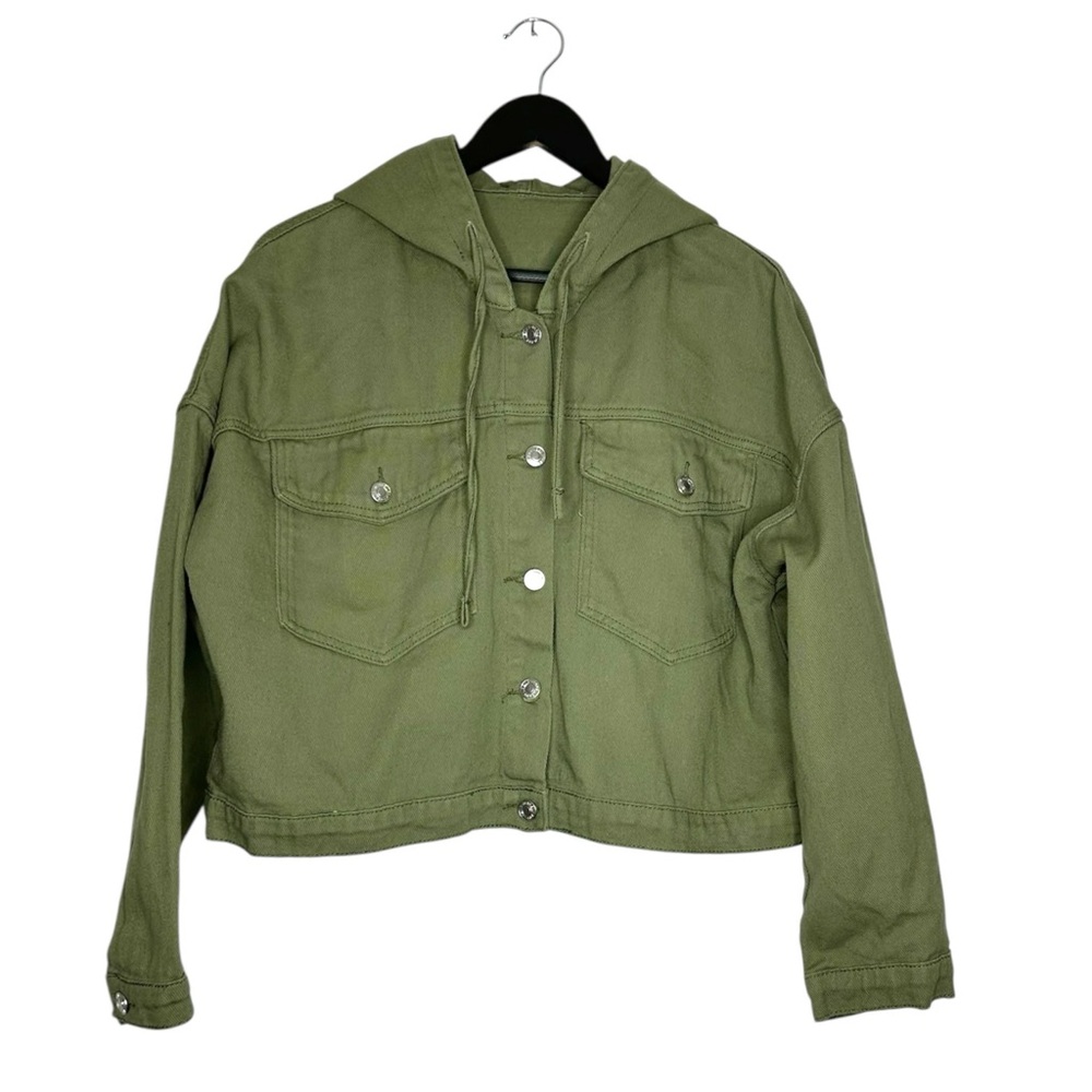 SHEIN Olive Green Cropped Denim Hoodie Jacket Utility Style Size Large Gorpcore